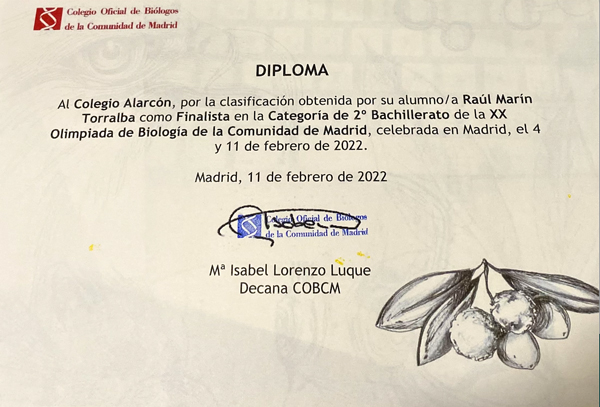 Diploma conseguido por nuestro alumno Raúl Marín Torralba en la XX Olimpiada de Biología de la CAM