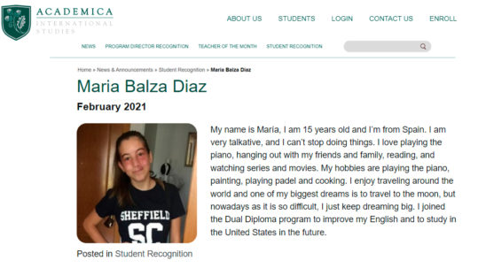 María Balza, elegida como “Outstanding Student 2021” de Bachillerato Dual Americano a nivel mundial